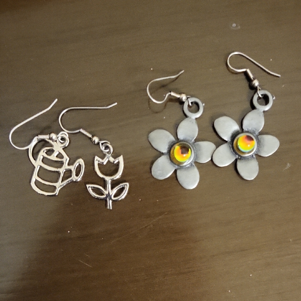 Silver Flower and Watering Can Earrings